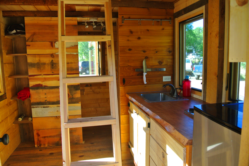 log cabin tiny house kitchen